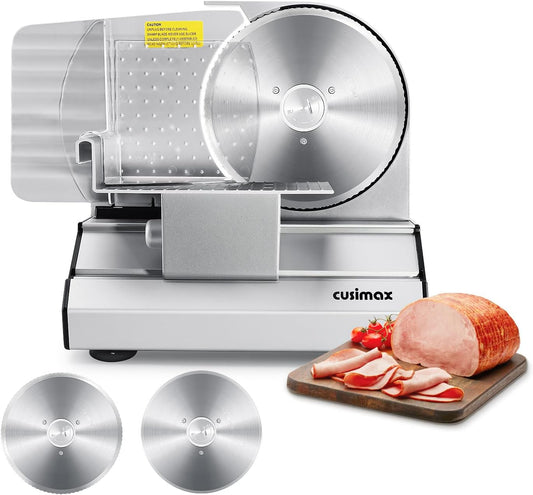 CUSIMAX Electric Meat Slicer for Home,Two 7.5''Stainless Steel Blades,1-20mm Adjustable Thickness,Easy to Cut Various Foods,Removable Food Carriage for Easy Cleaning