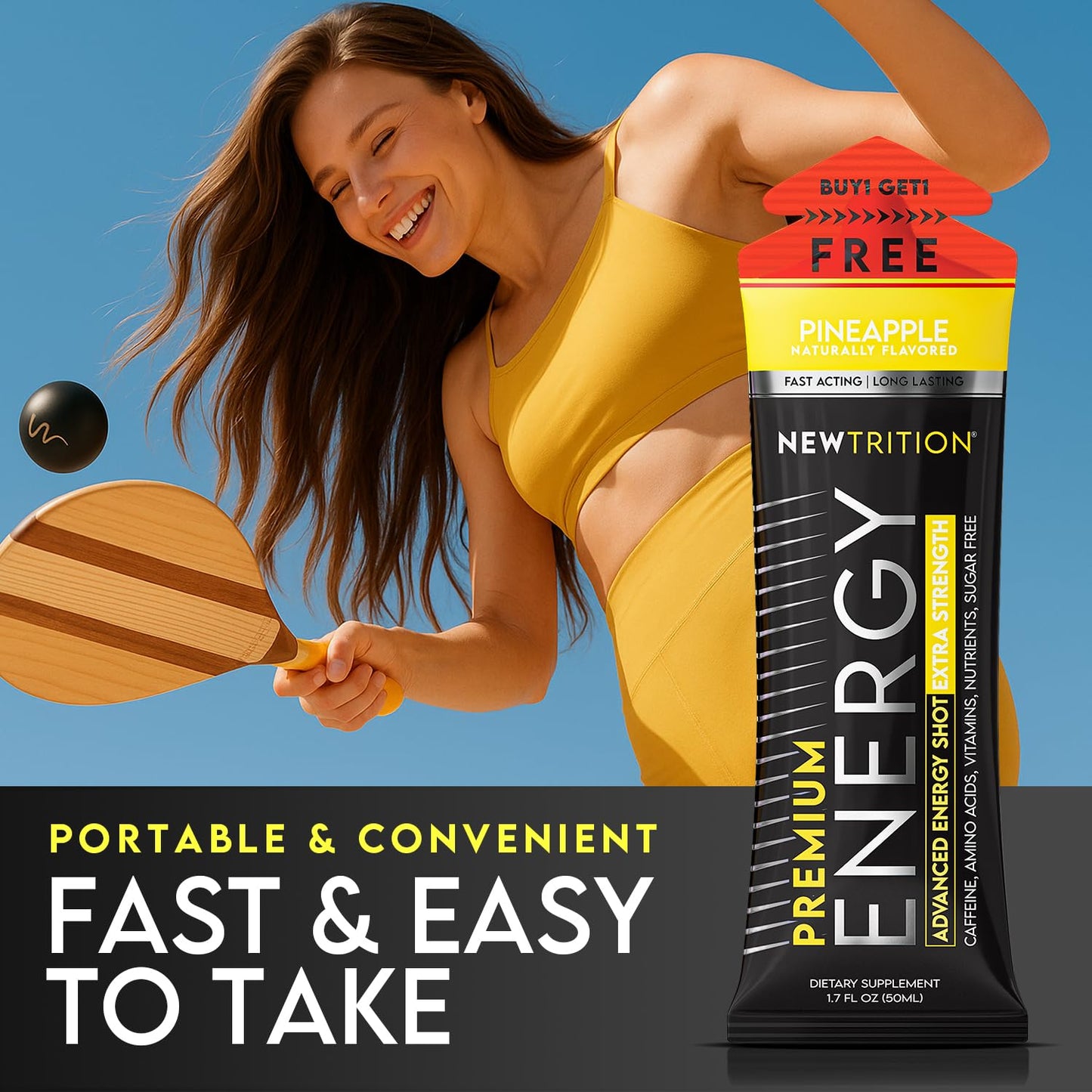 NewTrition® Extra Strength Energy Shots, 250mg Caffeine Energy Shots with Vitamin B & Amino Acids, Sugar-Free Vitamin Energy Shot, 1.7 fl oz (Pack of 24, Pineapple)