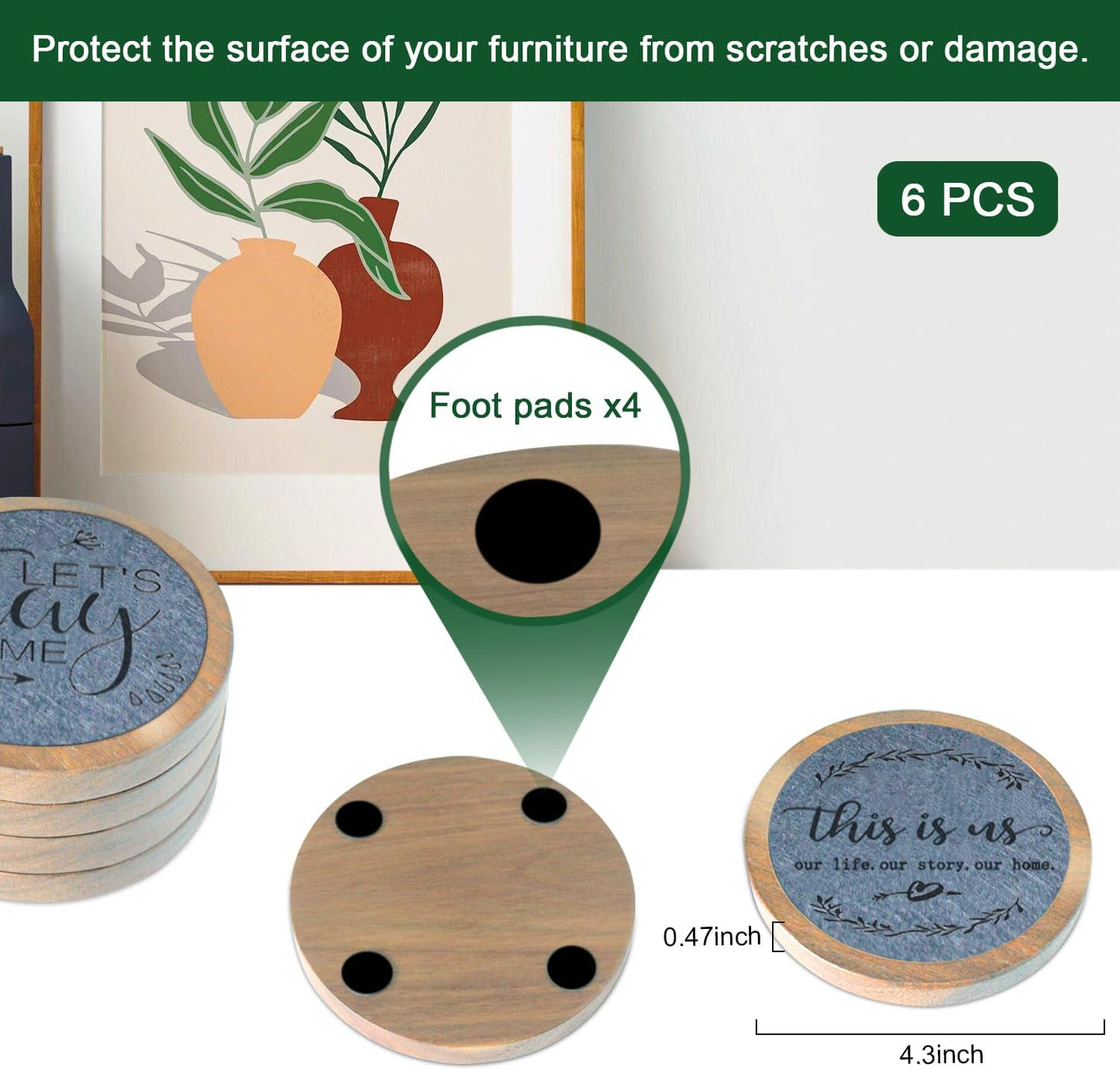 Wood Coasters for Drinks Housewarming Gifts for Home Decoration Coasters Sets of 6 4.3 Inch Gray