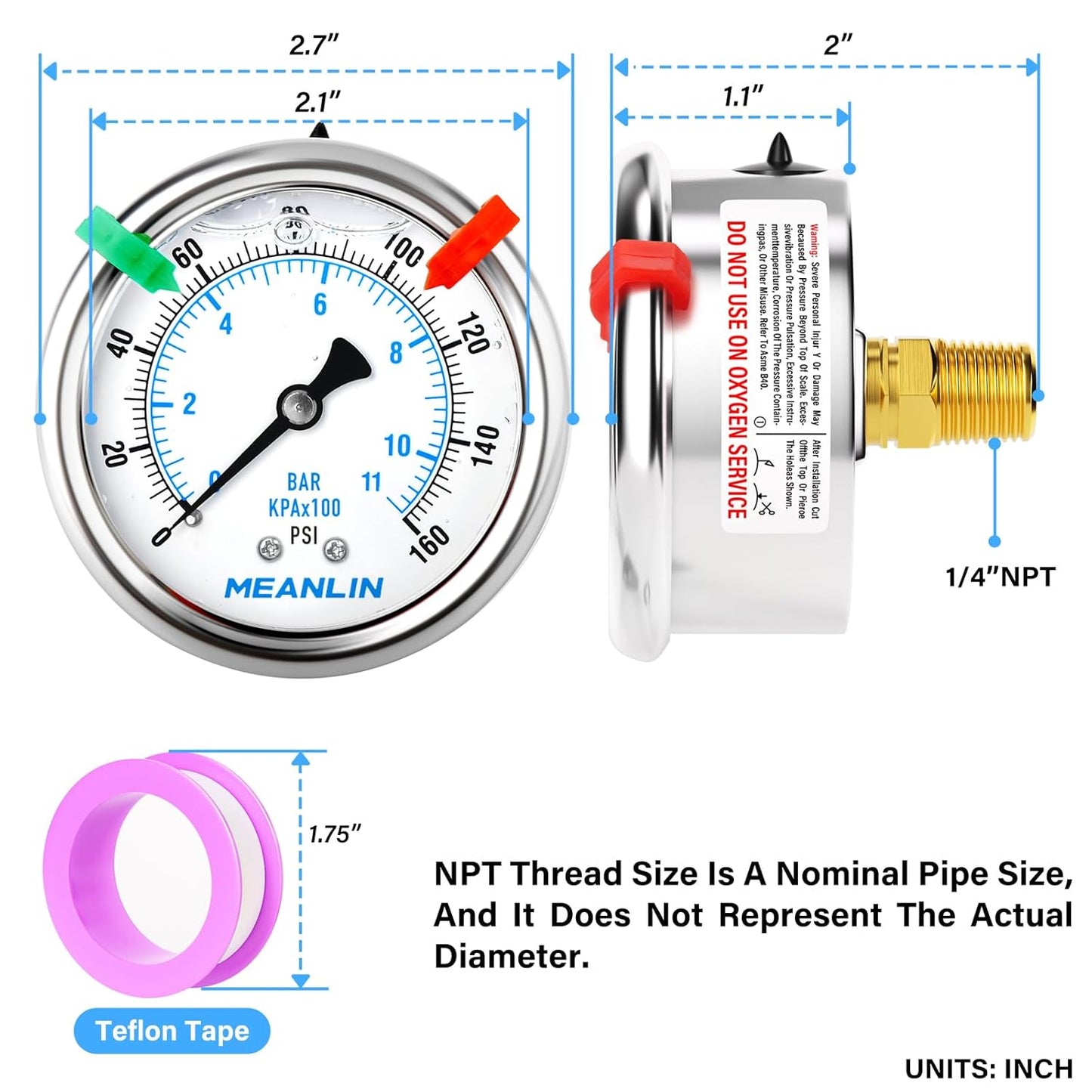 MEANLIN MEASURE 0~160Psi Liquid Filled Pressure Gauge 1/4" NPT 2.5" FACE DIAL Stainless Steel Glycerin Filled WOG Water Oil Air Back Mount (with 2PCS Snaps)