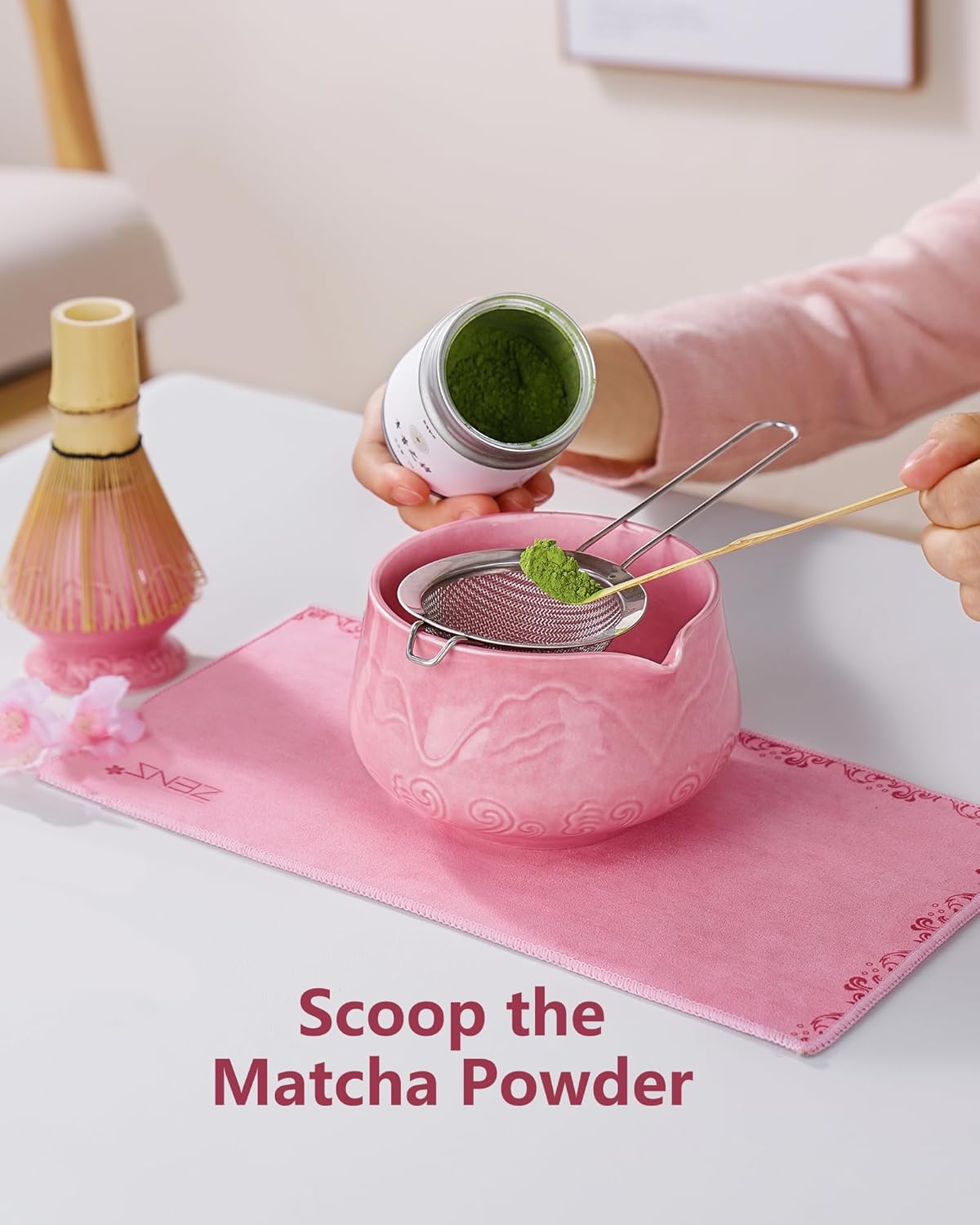 ZENS Matcha Whisk Set, 6pcs Matcha Set Pink Includes 15oz Ceramic Bowl and Bamboo Whisk (Chasen Holder) Scoop, 304 Sifter & Pink Tea Mat, Japanesse Matcha Kit for Matcha Latte-Making