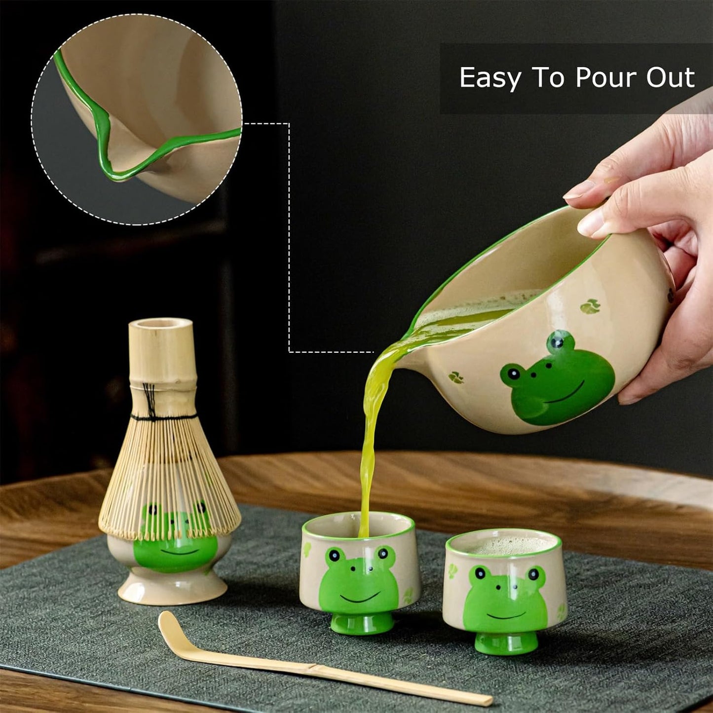 Frog Matcha Whisk Set, Cute Ceramic Matcha Kit with Hand-Painted Bowl with Spout, 2 Cups, Bamboo Whisk, Holder & Scoop, for Tea lovers and Gift Giving