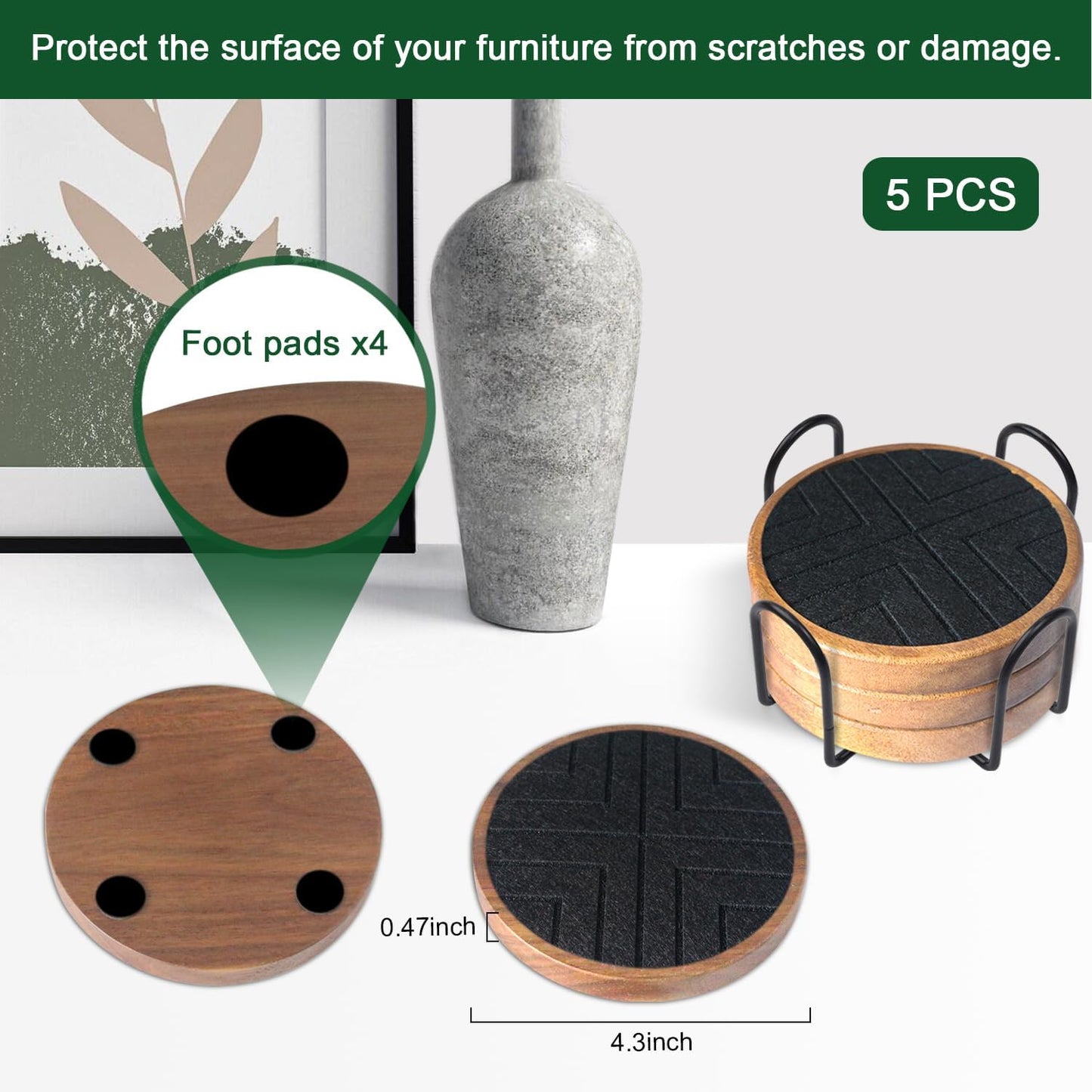 Wood Coasters with Felt Pads, Non-Slip, Non-Stick - 5 Pack Absorbent Coasters for Coffee Table with Holder, Suit for Kinds of Cups 4.3 inch (Black Series)