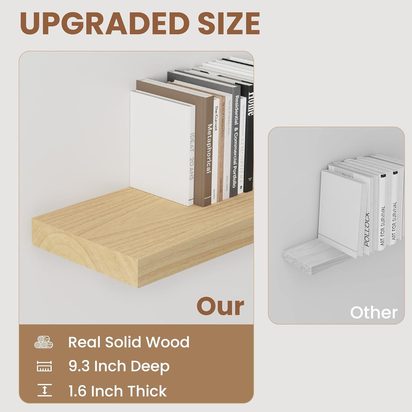 Fun Memories Deep Floating Shelves 30 Inch Long, Natural Wood Floating Shelf for Wall, Set of 2, Rustic 9 Inch Deep Wall Shelves, Deep Bathroom Shelves for Storage & Display, Burlywood