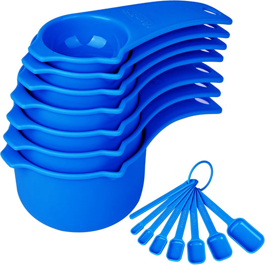 Blue Measuring Cups and Spoons Set 15, 7 Plastic Measuring Cup Set, 7 Spice Long Handle Measuring Spoons with 1 Leveler for Kitchen and Baking, Dry Metric Measure Cups & Spoons Set