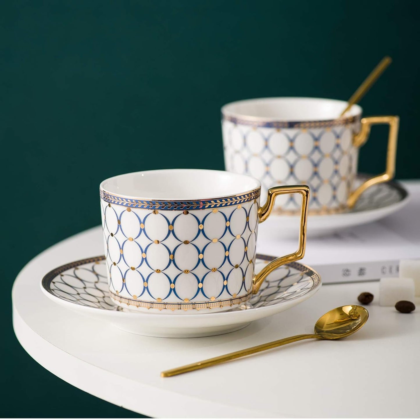 CwlwGO-European style cup and saucer set, 7 oz (about 198.4 grams) bone china exquisite glazed platinum tea cup and saucer (two sets), golden spoon, mug, cappuccino, latte, MOCHA, elegant female suit.