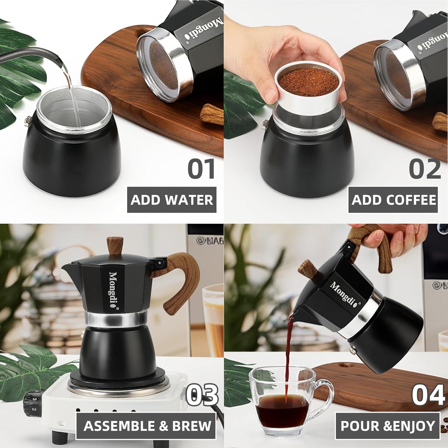 Mongdio Stovetop Espresso Maker Moka Pot, Cuban Coffee Maker Stove top coffee maker Moka Italian Espresso Greca Coffee Maker Brewer Percolator, 3 Espresso Cups, 5 oz - Black