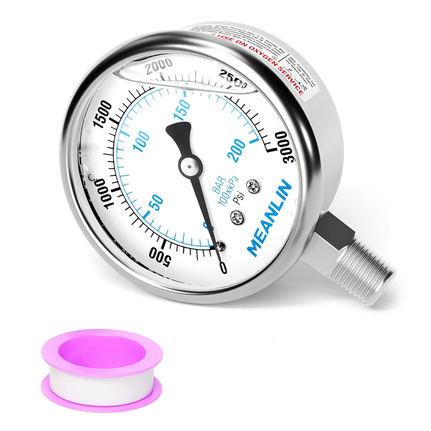 MEANLIN MEASURE 0~3000Psi Liquid Filled Pressure Gauge Stainless Steel with 316 Stainless Steel Joint 1/4" NPT 2.5" FACE DIAL for WOG Water Oil Air Lower Mount