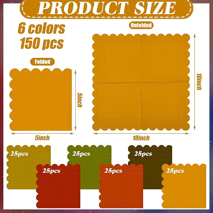 150 Pcs 5 x 5 Inches Fall Thanksgiving Paper Napkins Scalloped Cocktail Napkins Disposable Autumn Harvest Party Supplies Dessert Beverage Bathroom Table Dinner Wedding Decor