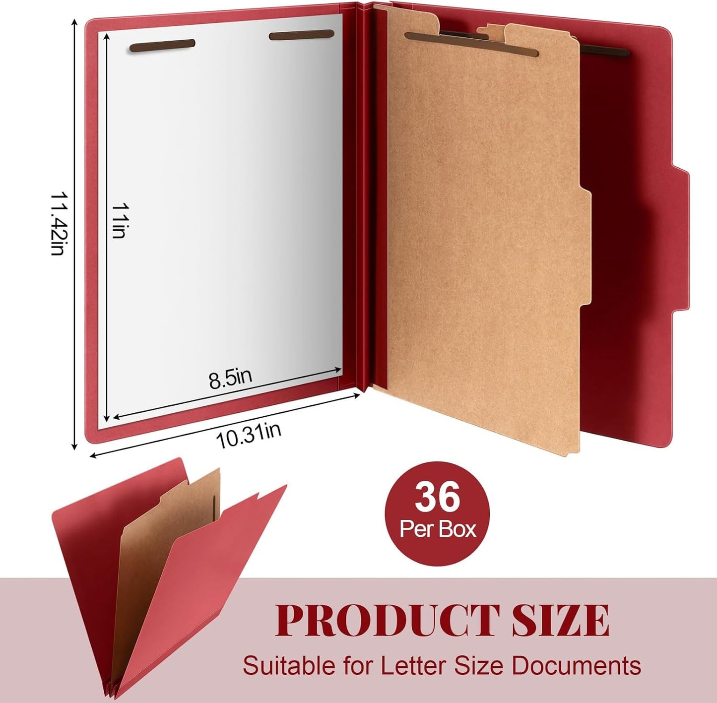 36 Pcs Classification Folders Letter Size, Back to School Supply for Teacher, Student, 1 Divider Pressboard File Folder Bulk with 2 Fasteners, 3.5 Inch Expanding File Organizer (Red)