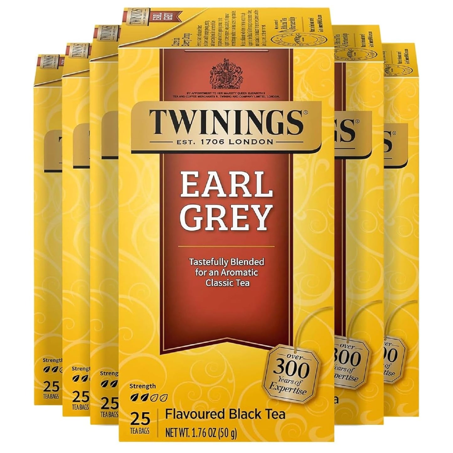 Twinings Earl Grey Black Tea Individually Wrapped Bags, 25 Count (Pack of 6), Flavoured with Citrus and Bergamot, Caffeinated, Enjoy Hot or Iced, 150 Teabags