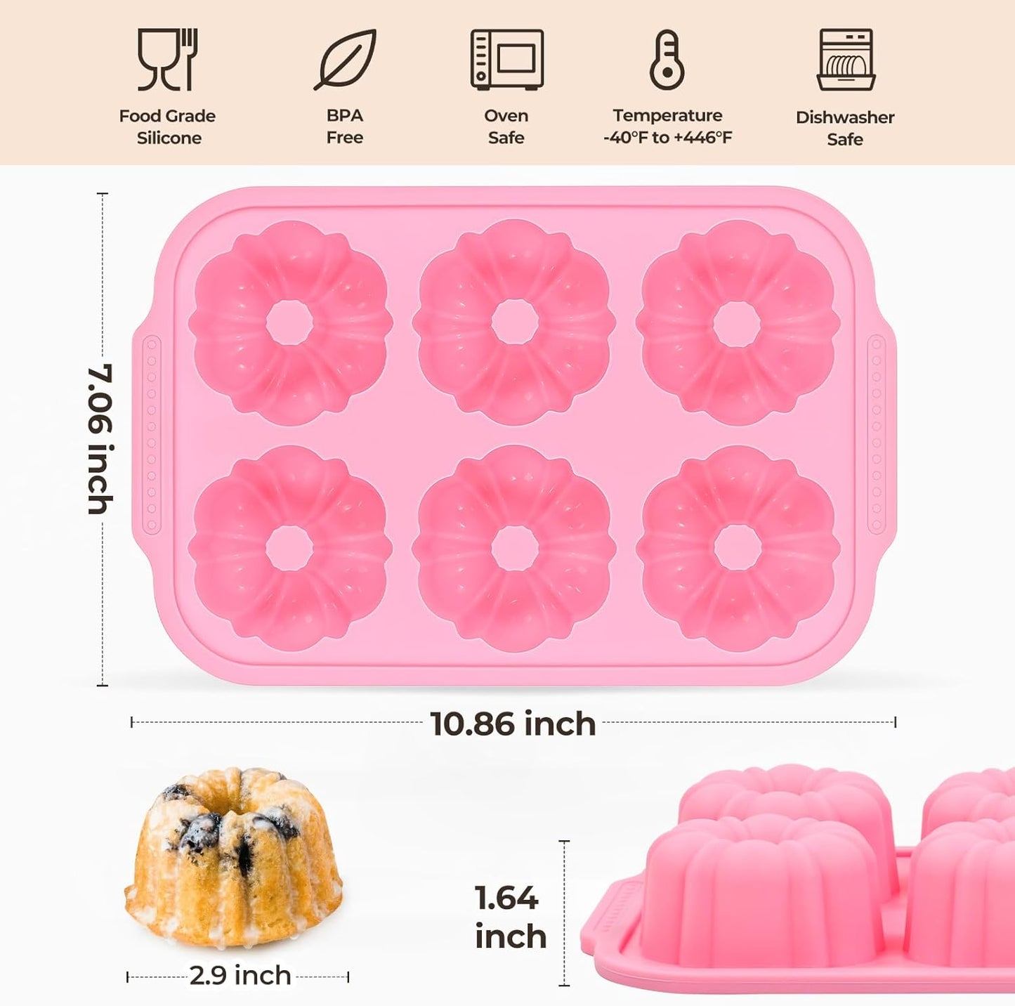 Mini Bundt Cake Pans for Baking, 2Pcs Silicone 6-Cavity Fluted Tube Cake Pan with Metal Reinforced Frame, Nonstick Baking Molds for Cupcake, Brownie, Donuts, Cornbread, Jello