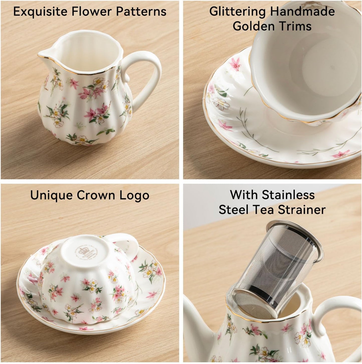 Porcelain Tea Sets British Royal Series, 8 OZ Cups & Saucer Service for 6, with Teapot Sugar Bowl Cream Pitcher Teaspoons and Tea Strainer, Suitable for High Tea, Wedding, Party（Spring Flowers）