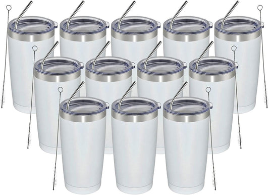 MEWAY 20oz Tumbler 12 Pack Double Wall Vacuum Insulated Travel Glitter Mug Bulk, Stainless Steel Tumblers with Lid and Straw, Powder Coated Coffee Cups for Woman(Rainbow White,Set of 12)