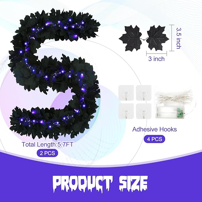 Joyhalo 2 Pack Halloween Garland with Lights, Black Maple Leaves Lighted Garland for Mantle, 5.7FT Light Up Leaf Autumn Vines Outdoor for Door Frame, Fireplace and Thanksgiving Fall Decor