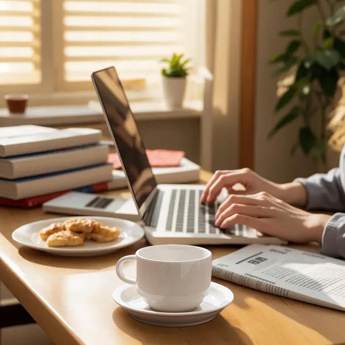 Sweese Porcelain Cappuccino Cups Set - 8 oz Stackable Coffee Mugs with Saucers, Metal Stand, Dove Grey, Set of 4