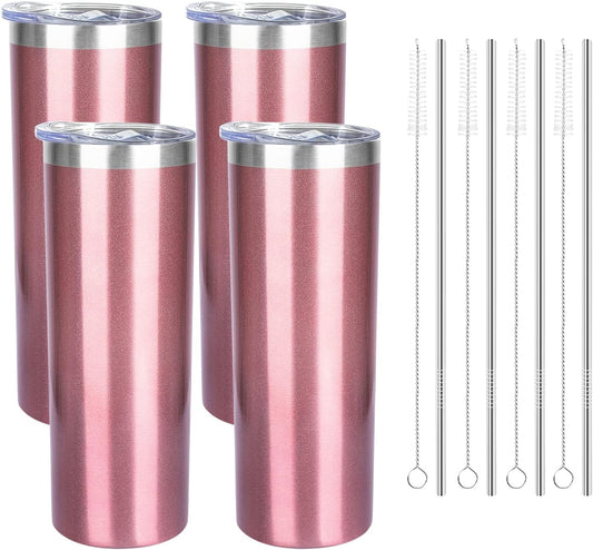 20 oz Skinny Tumblers with Lid and Straw,Stainless Steel Vacuum Insulated Tumbler Cup Double Wall Travel Coffee Mug, Thermal Water Tumbler for Hot and Cold Drinks(Rose Gold,4)
