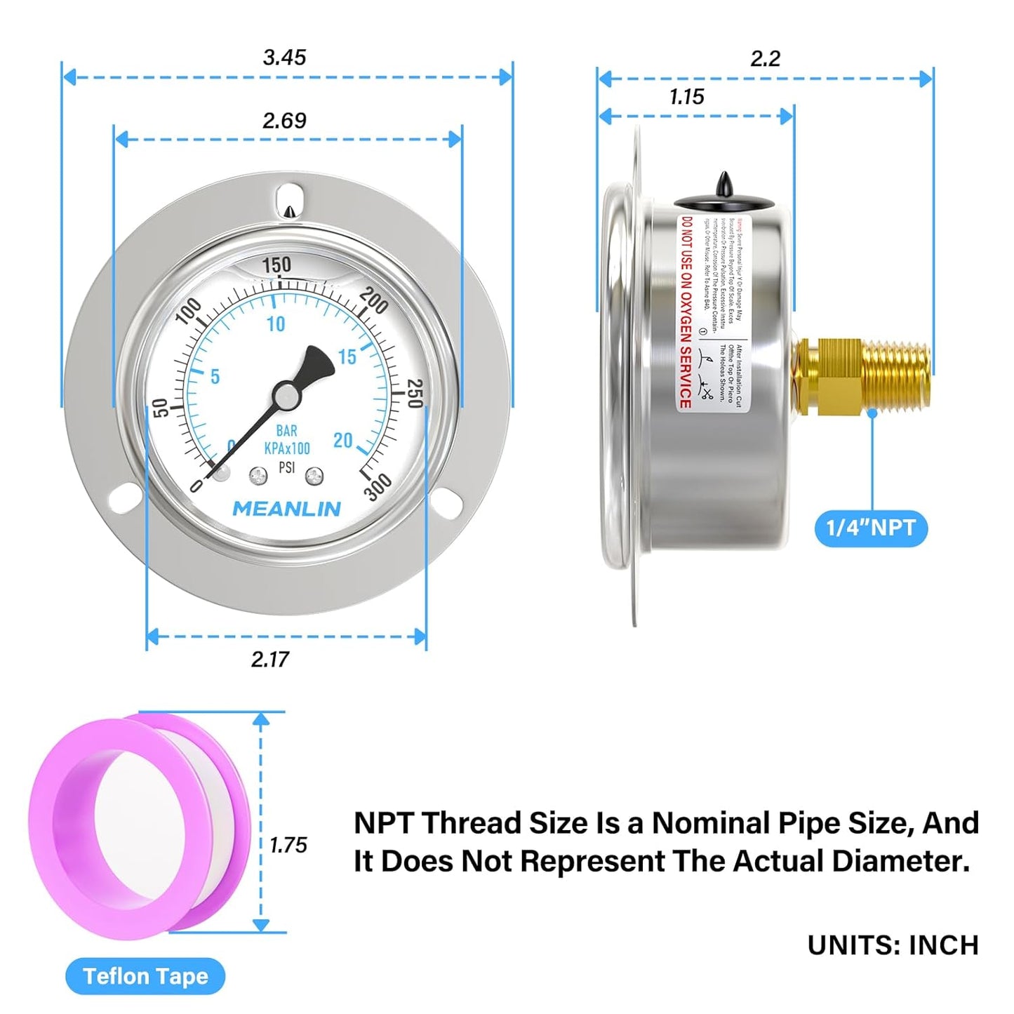 MEANLIN MEASURE 0~300Psi Liquid Filled Pressure Gauge Front Flange Panel Mount, 1/4" NPT 2.5" FACE DIAL Stainless Steel Case with Phillips Screw and Nut, +/-3-2-3%