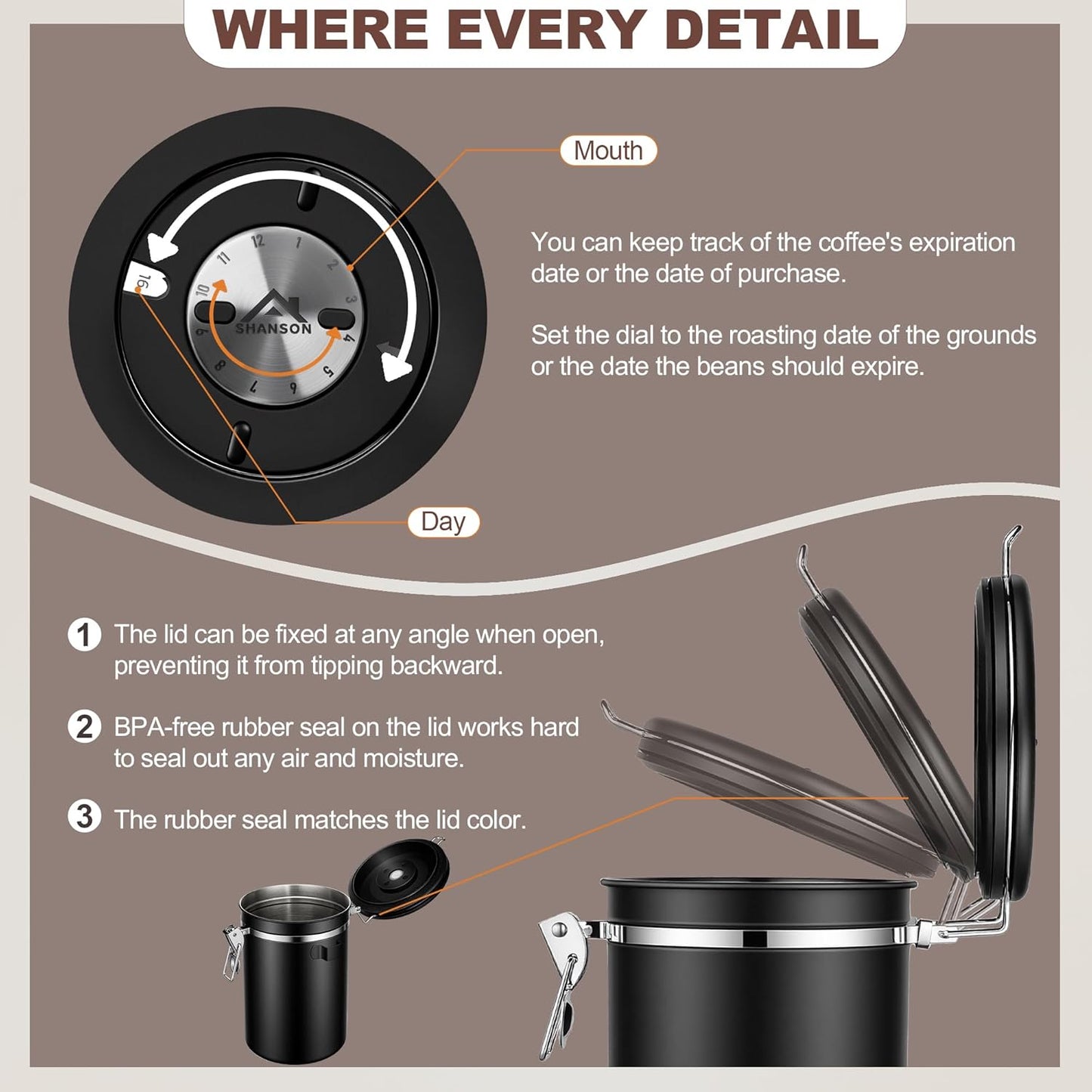 ShanSon Coffee Canister Airtight Coffee Container Stainless Steel Coffee Bean Storage Container with Scoop Coffee Canister for Beans Grounds Sugar Flour Tea Cereal,22OZ, Black