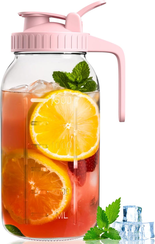 64oz Glass Mason Jar Pitcher with Lid and Spout, 2 Quart Airtight Glass Water Jug, Leakproof Wide Mouth Mason Jar Pitcher for Iced Sun Tea, Milk Storage, Cold Brew Coffee, Juice, Pink