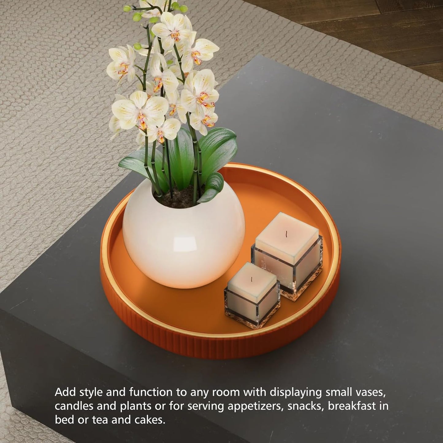 SANZIE Leather Tray Desktop Storage Organizer - Premium Serving & Decorative Tray for Sundries, Cosmetics, Phone, Wallet & Cutlery - Circle, Orange