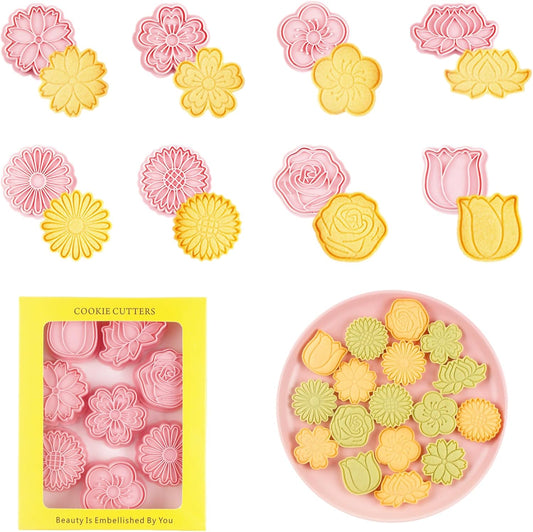 8PCS Flowers Cookie Cutter Sets Daisy Rose Cookie Cutters with Plunger Stamps Sun Flower 3D Plastic Pressable Biscuit Molds Cake Cooie Baking DIY Supplies (A8)