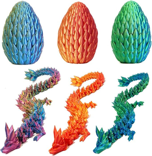 3PCS 3D Printed 12” Articulated Crystal Dragon Inside 5.1” Egg – Fantasy Collectible, Fidget Toy & Stocking Easter Basket Stuffers for Home & Office Decor (3PCS-Egg)