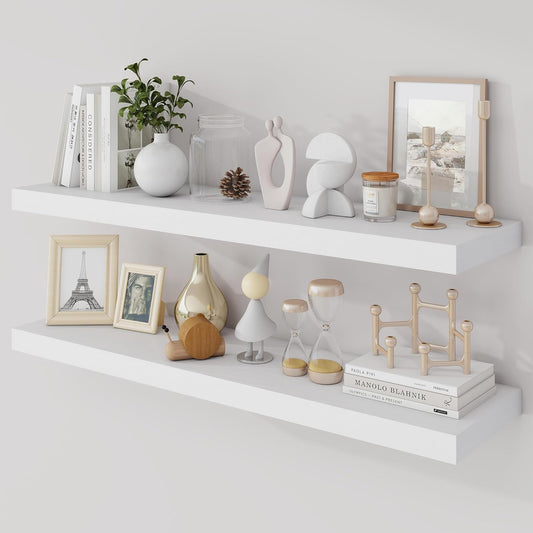 36 Inch Floating Shelves, 9.3" Deep Floating Shelf Wall Mounted, 36" Wall Shelves, Rustic Deep Bookshelf, Large Display Shelves & Storage Shelves for Bedroom, Living Room, White, Set of 2