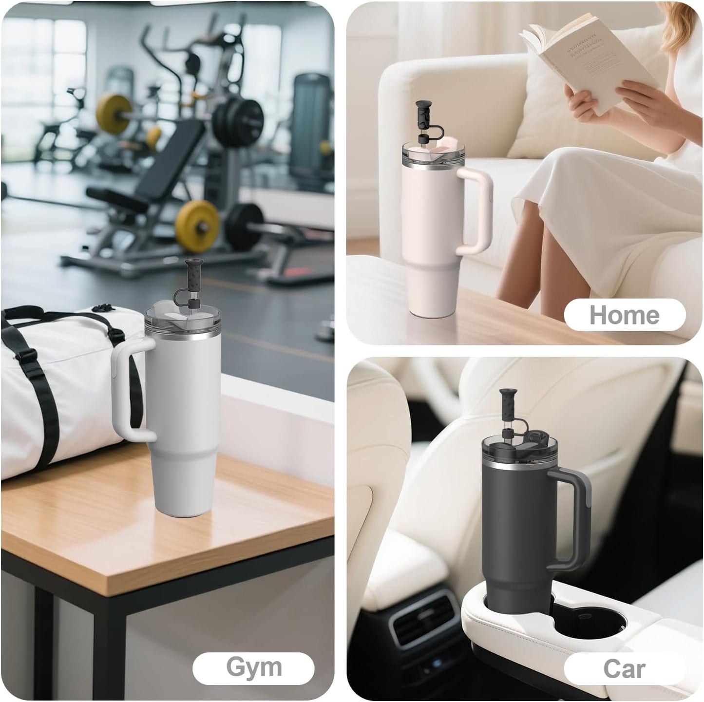 YOTIME Silicone Straw Covers Cap, 6 Pcs Reusable 0.39in/10mm Suction Cup Straw Toppers for Stanley Cup 40 30 oz, Black