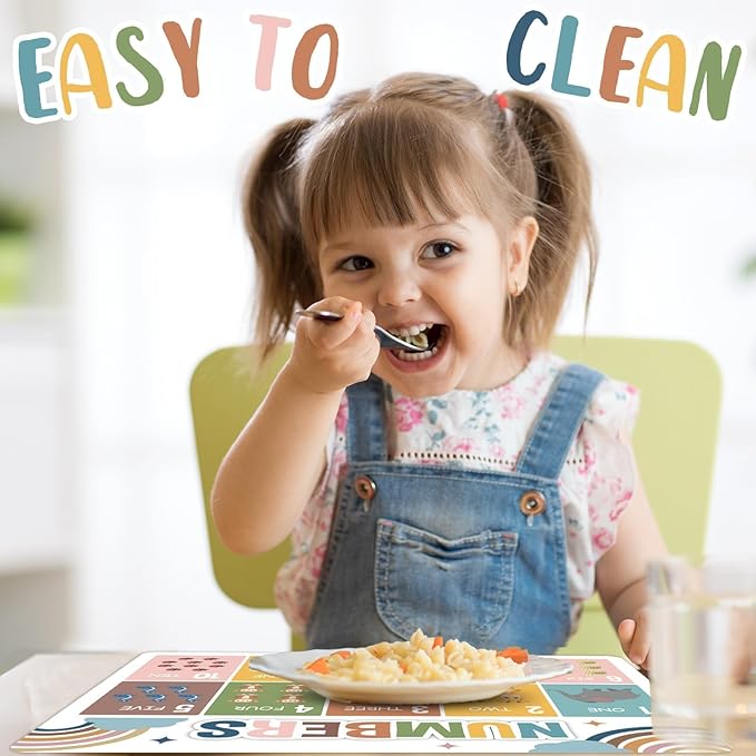 Educational Preschool Kids Placemats Set of 6 Boho Plastic Table Mats Toddler Children Montessori Place Mats for Kids Washable Holiday Desk Decoration for Indoor Outdoor Party Kitchen Dining Table