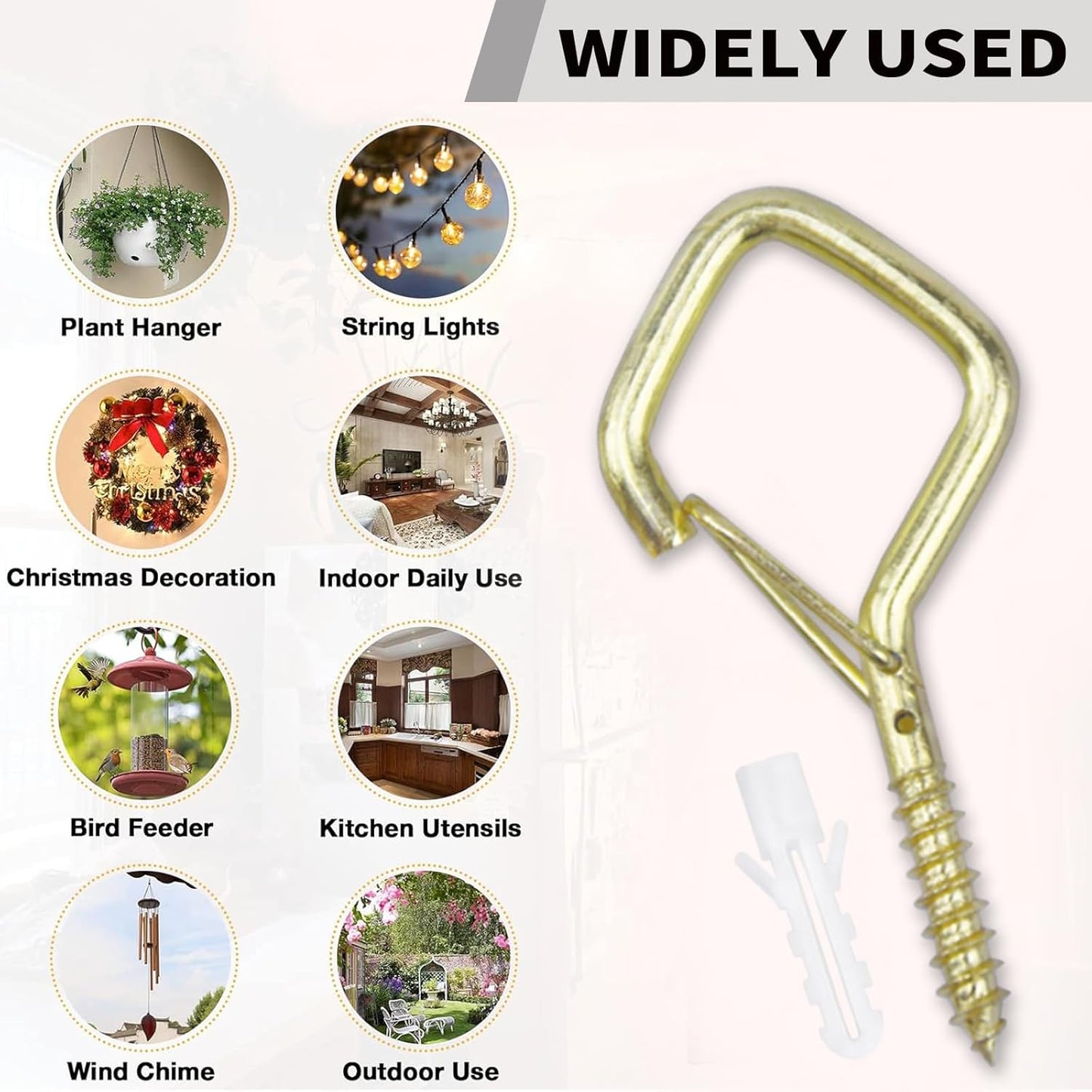 50 PCS Gold Eye Screw Hooks for Hanging Heavy Duty with Safety Buckle.Metal Ceiling Hooks for Hanging Plants Cup Wind Chime Bird Feeders Patio Lights at Indoor&Outdoor
