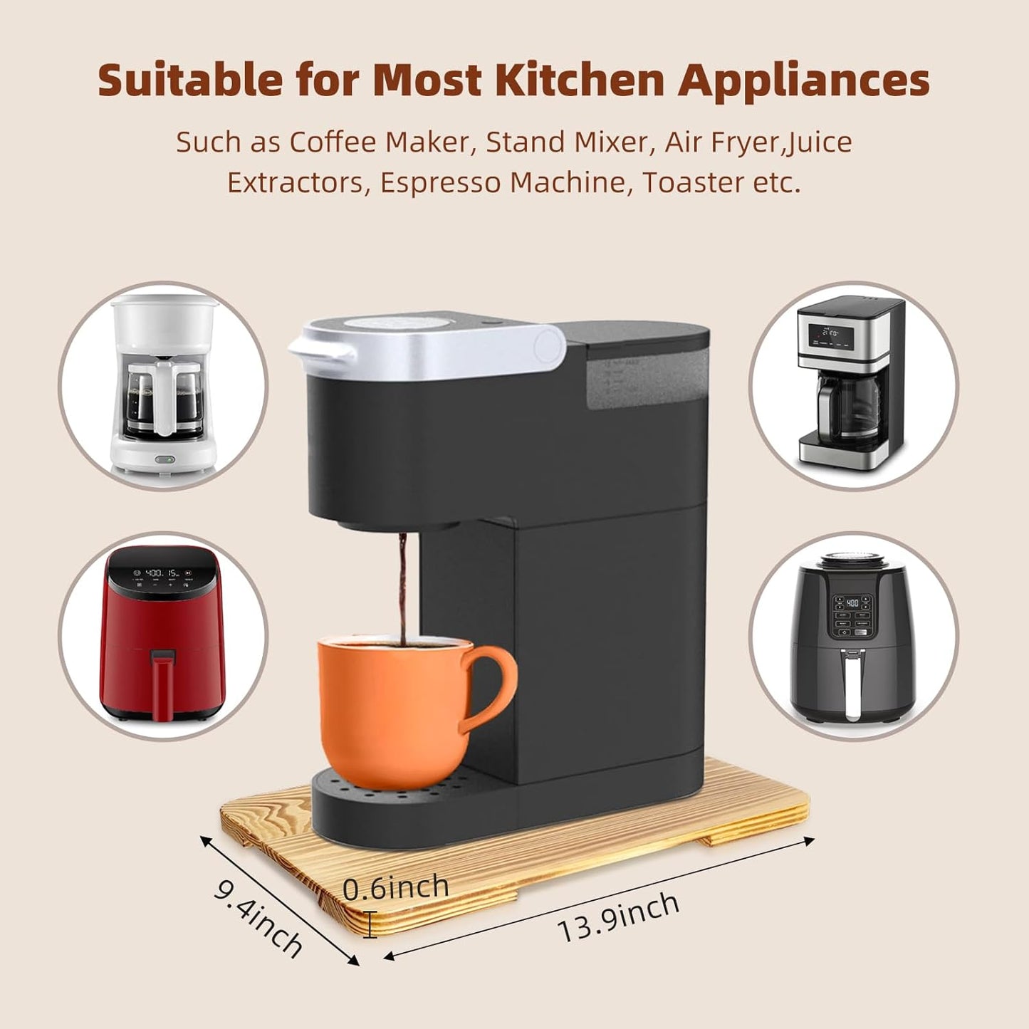 360° Rolling Tray Bamboo Appliance Slider, Appliance Sliders for Kitchen Appliances Sliding Tray for Coffee Maker Appliances Mat Easily from Under The Cabinet Wood(13.9"×9.4")