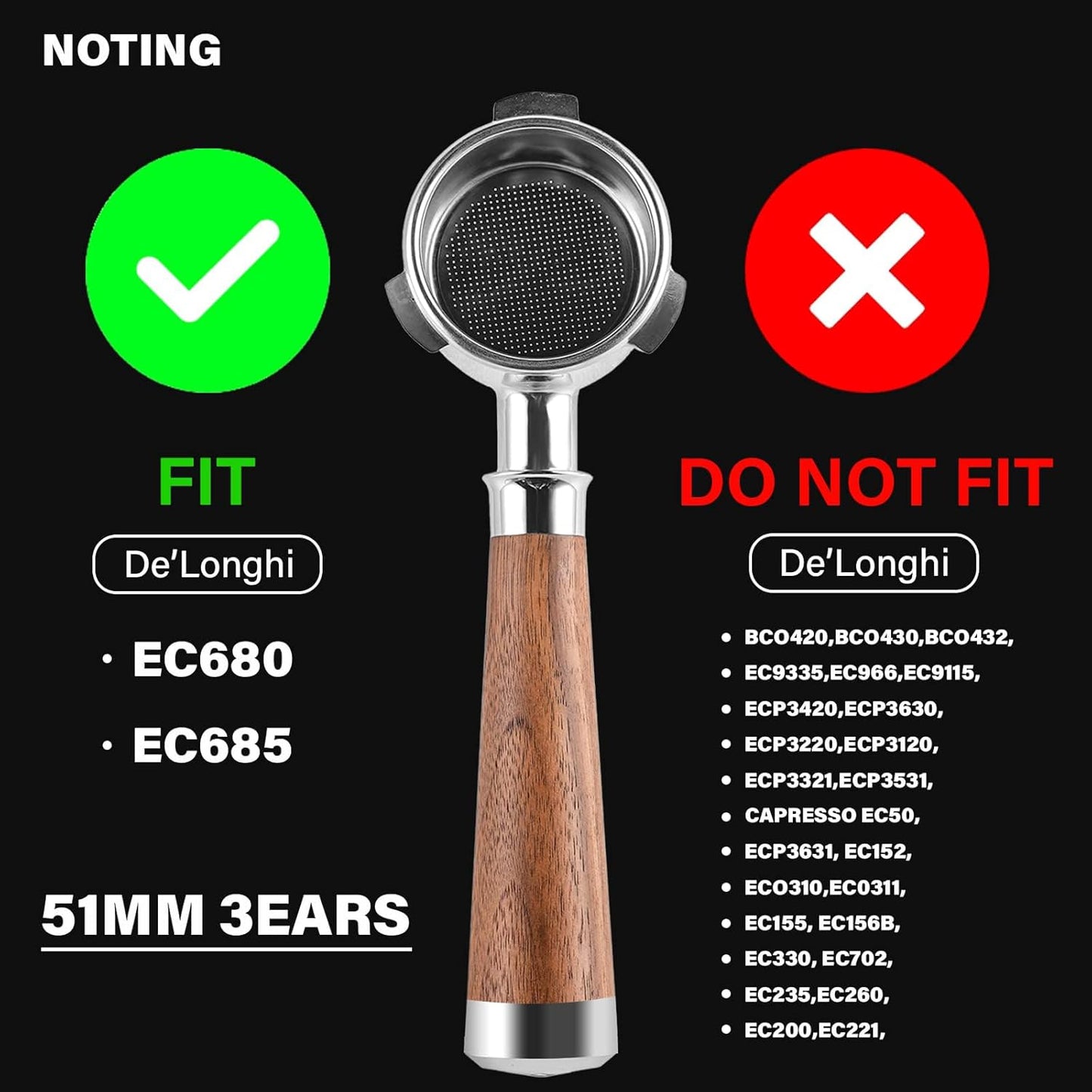 51mm Espresso Bottomless Portafilter with 3 Ear | Fits De’Longhi EC680 / EC685 Espresso Machine | Stainless Steel Basket and Walnut Handle | Espresso Accessories