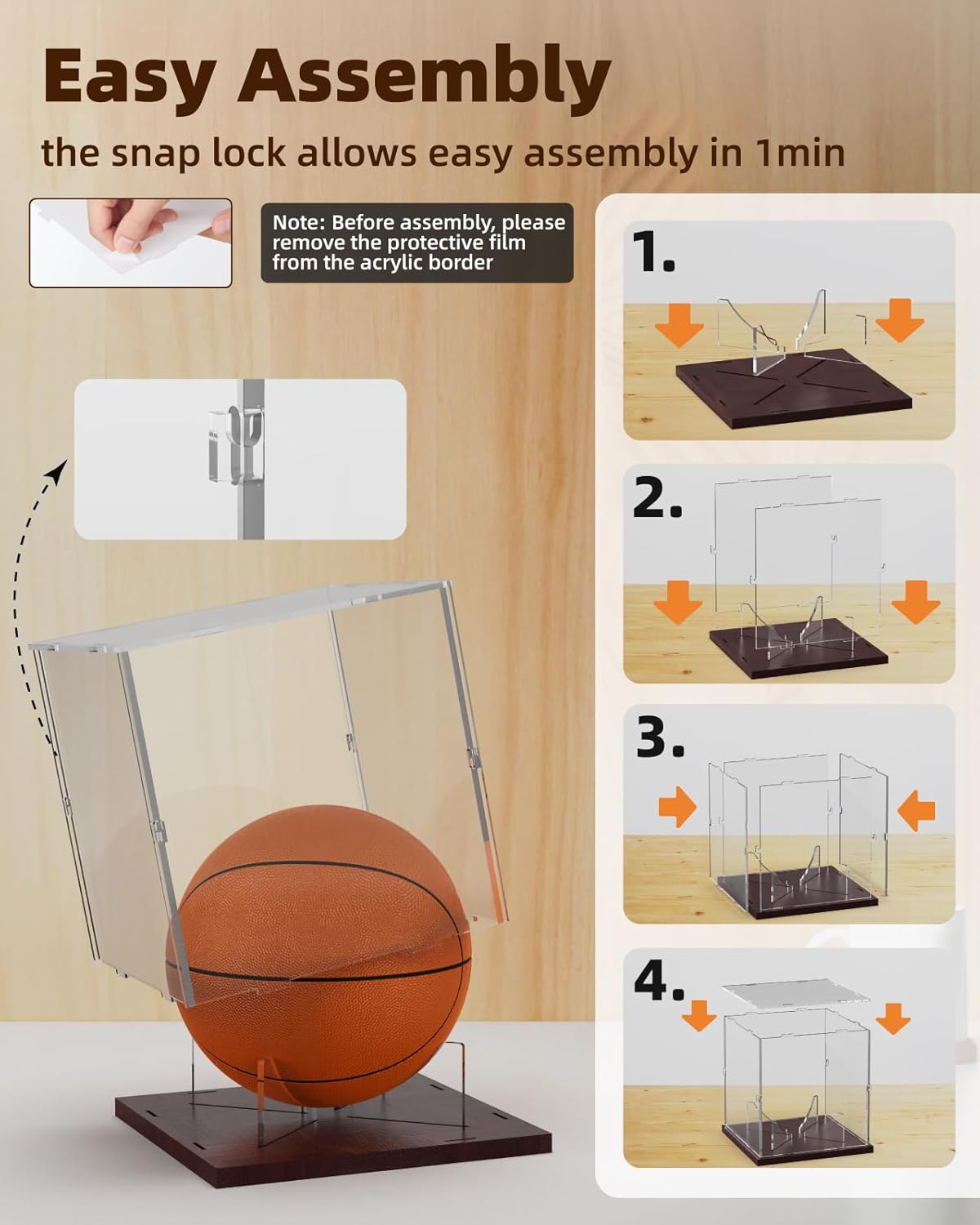 Basketball Display Case Acrylic Clear, UV Protected Basketball Stand Box Full Size with Solid Wood Base, Soccer Display for Autographed Standard NBA WNBA Ball Memorabilia Keepsake, Ideal Gift