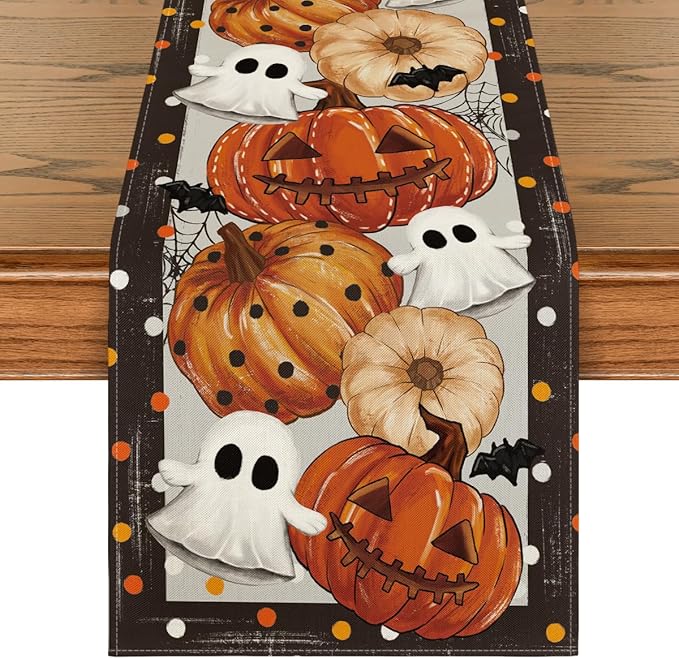 Artoid Mode Jack-O'-Lantern Pumpkin Ghost Spider Web Halloween Table Runner,Holiday Kitchen Dining Table Decoration for Home Party Decor 13 x 120 Inch