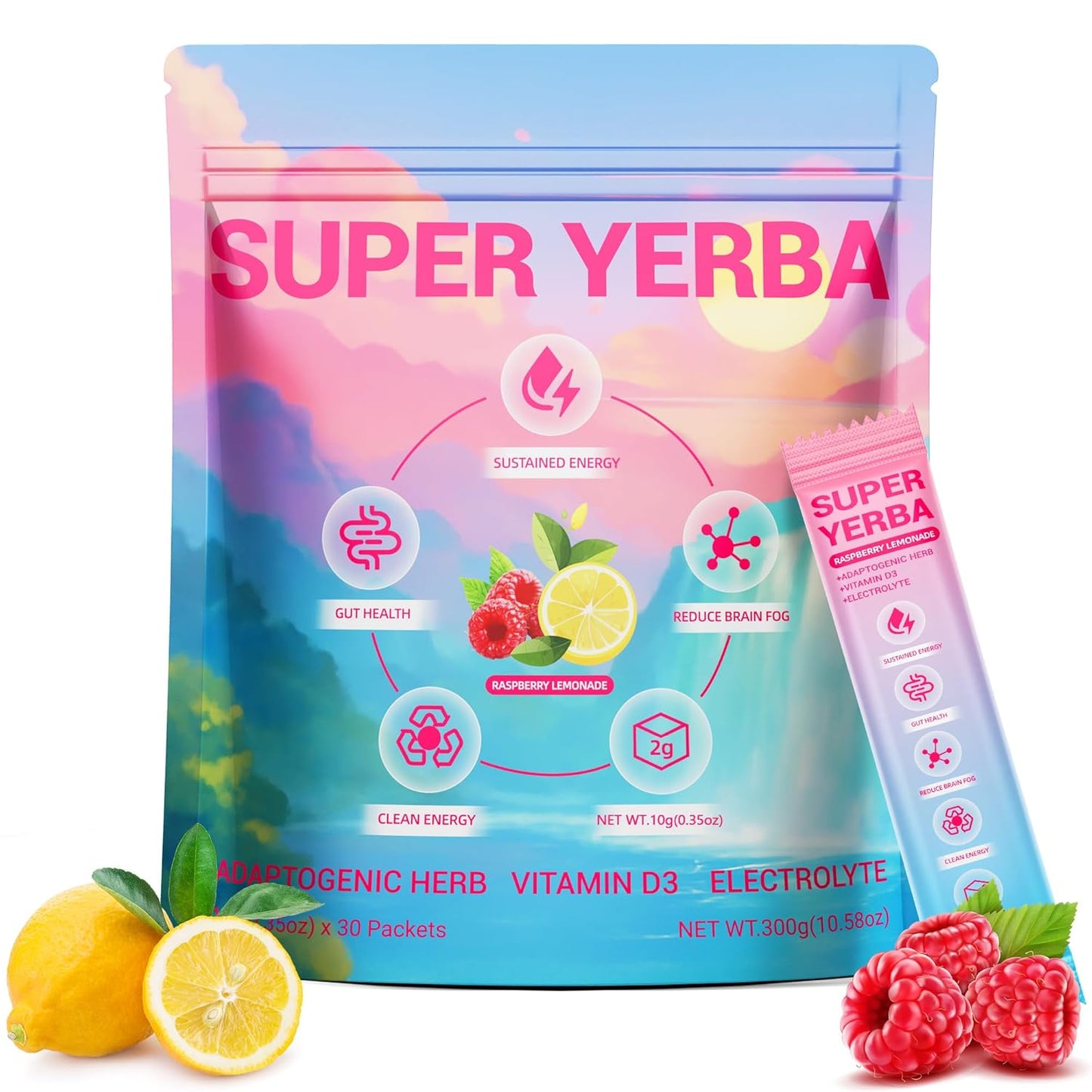 Super Yerba Mate Instant Tea Powder with Prebiotics & Probiotics - Raspberry Lemonade Flavor for Gut Health & Digestion, Natural Energy & Focus Boost, Antioxidant Rich Superfood, 30 Servings