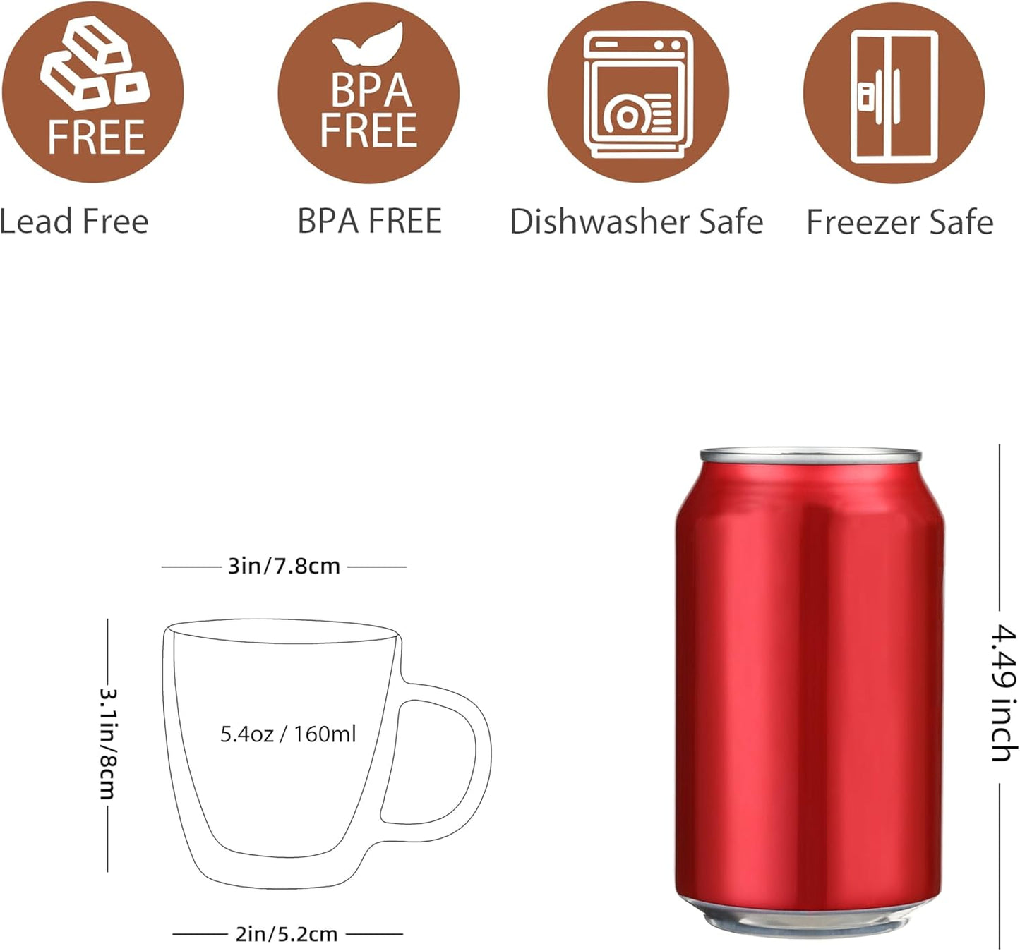 CNGLASS Insulated Espresso Glass Mugs 5.4oz/160ml, Small Clear Coffee Mugs Set of 6, Double Wall Glass Cups with Handle for Tea and Macchiato