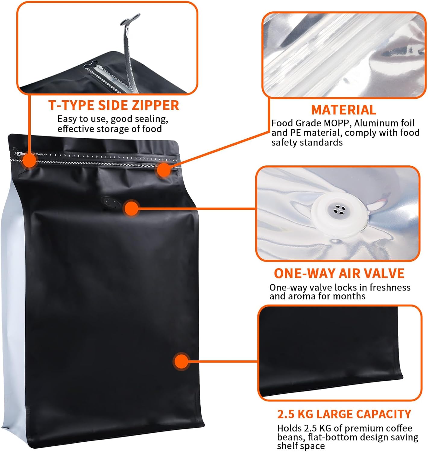 New 2.5 KG Large Capacity Coffee Bags with Valve (50 PCS) Black Sides White High Barrier Aluminum Foil Flat Bottom Standing Coffee Beans Storage Packaging Bags, Reusable Heat Seal Side Zipper Pouches