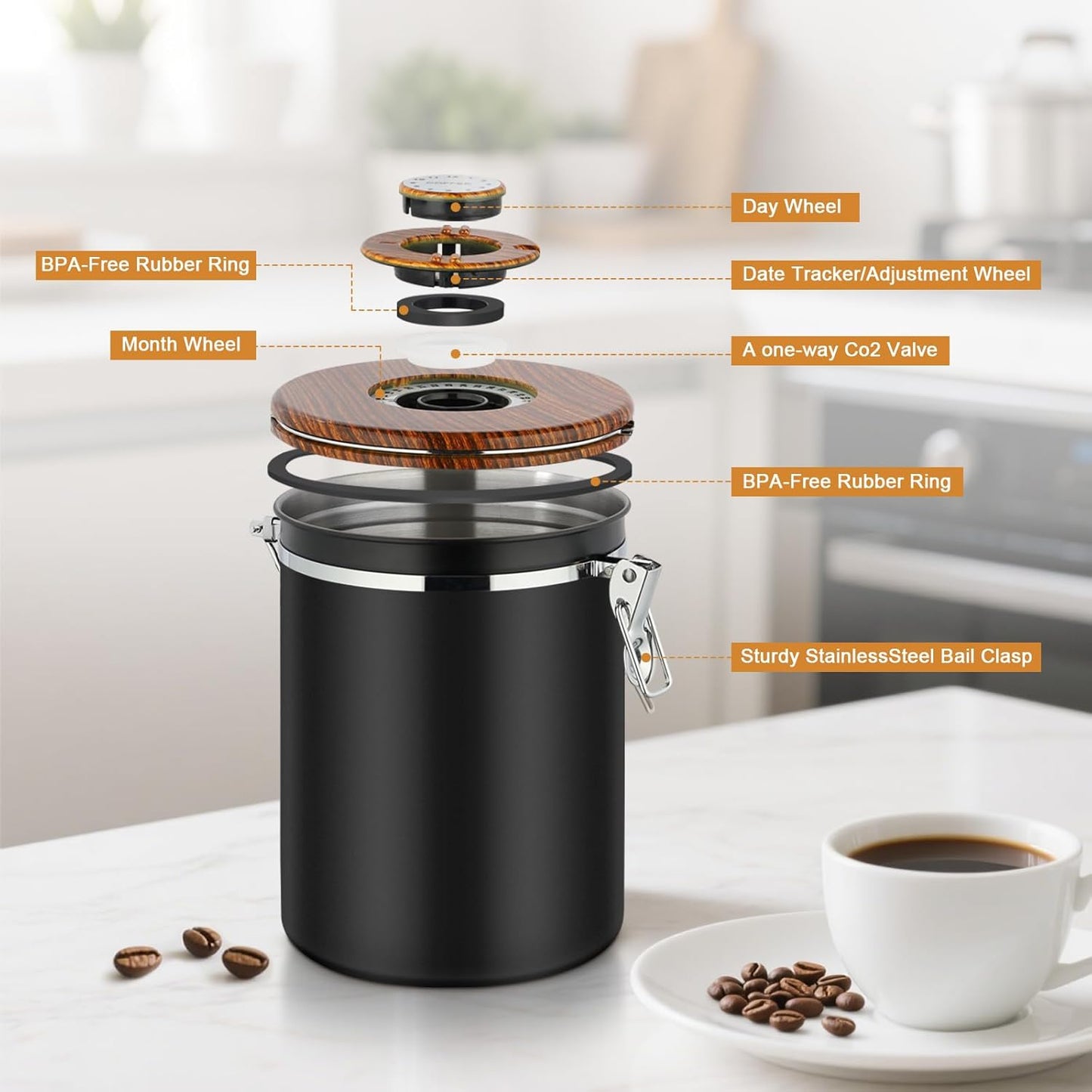 Coffee Canister, 35OZ Stainless Steel Coffee Bean Storage for 1kg Beans, Food Storage Container with Date Tracker, Scoop & CO2 Valve, Storage Jar for Grounds, Beans, Sugar, Tea