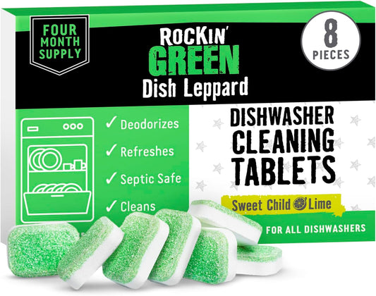 Rockin' Green Dishwasher Cleaner Tablets (8 Pack) - Septic Safe Dishwasher Cleaning Tablets Dishwasher Cleaner and Deodorizer - Dishwasher Remove Build Up with Citric Acid (Sweet Child O'Lime)