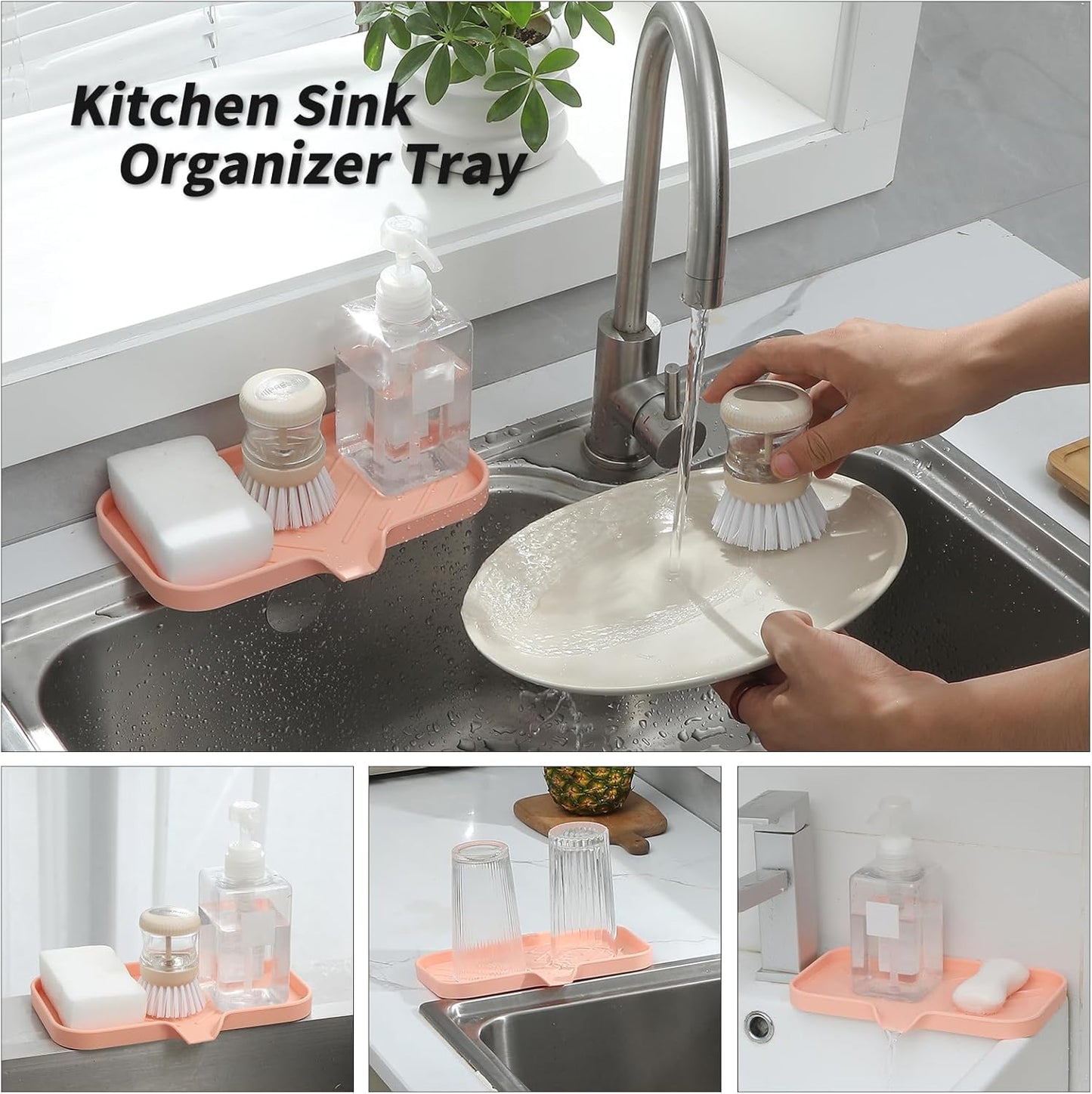 Silicone Bathroom Soap Dishes with Drain Spout-Bathroom and Kitchen Sink Organizer,Sponge Holder,Dish Soap Tray,Perfect for Dispenser,Scrubber,Bottle,Cup on Sink or Counter-Pink 9.6"×5.3"