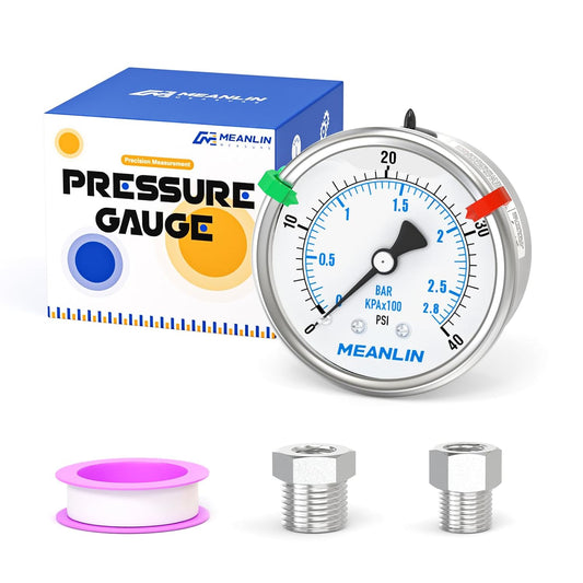 MEANLIN MEASURE 0~40Psi Stainless Steel Liquid Filled Pressure Gauge 2.5" FACE DIAL 1/4" NPT for Pool Sand Filter Water Oil Air Pressure Test Back Mount with Stainless Steel Hex Bushing and Snaps