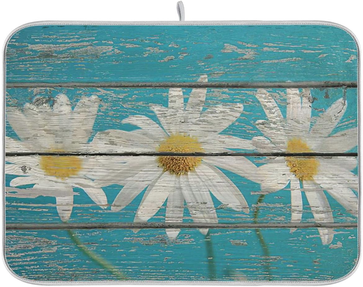 Daisy On Old Wooden Board Dish Drying Mat for Kitchen Counter Turquoise Wood Drying Mat 18 x 24 Inch with High Absorbent Reversible Microfiber Dish Drying Pad Drainer Mat for Coffee Bar