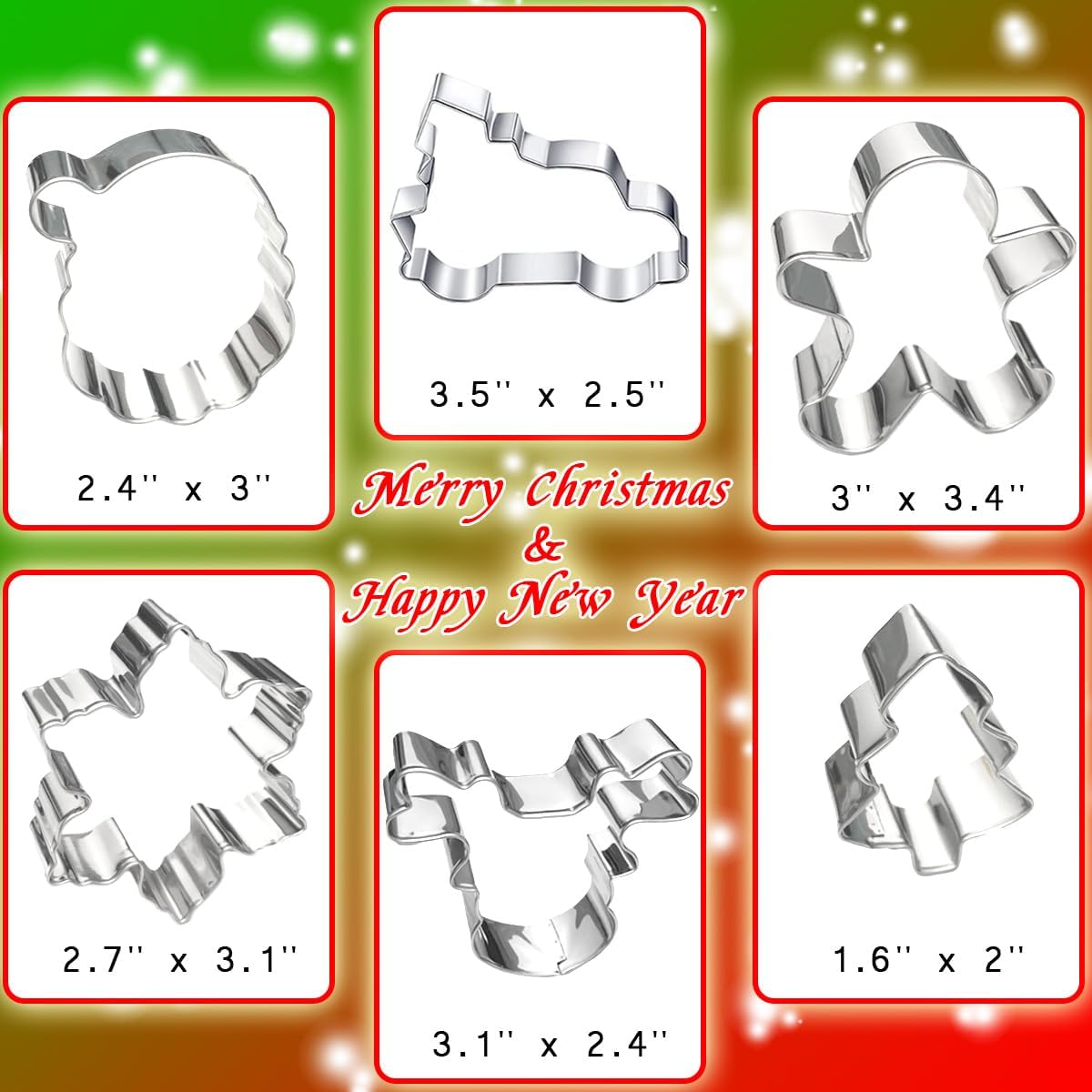 Christmas Cookie Cutters 6Pcs Large, Christmas Theme Shapes Cookie Cutters Santa Claus Gingerman Truck Elk Snow Mini Tree, Metal Dough Fondant Biscuit Molds for Kitchen