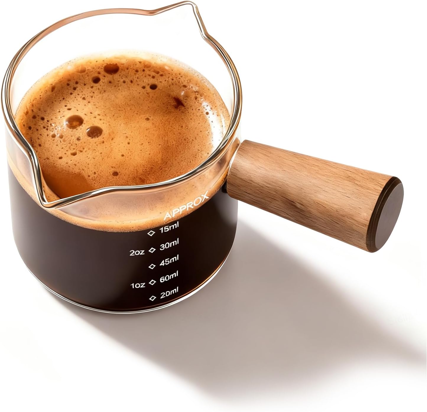 YARRAMATE 3.4oz Espresso Cups with Wood Handle, Clear Glass Espresso Accessories, Double Spout Measuring Cup with Dual Scale, Espresso Shot Glass with V-Shaped Spout