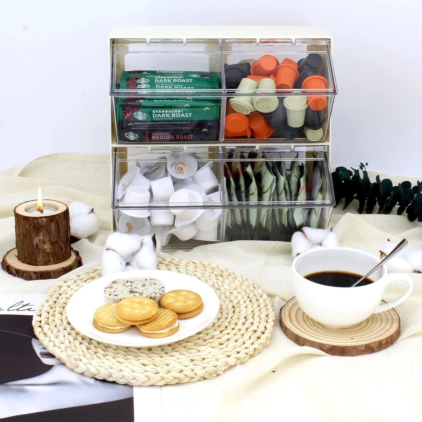 Bokelai Creamer Holder Plastic Tea Bag Organizer with Lid Large Capacity K Cup Countertop Organizer Versatile Desk Storage Station for Capsule Suger Pods Face Mask Cream/Clear