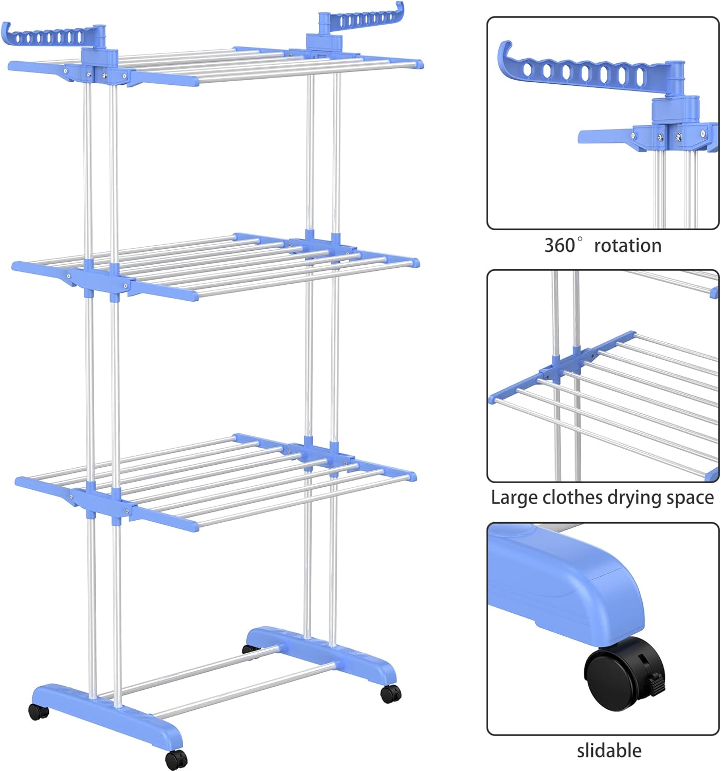 HOMIDEC Clothes Drying Rack, Large 4-Tier Foldable Drying Rack Clothing (67.7H x 19.7W x 30L Inches), Movable with 4 Castors. Multifunctional Stainless Steel Laundry Drying Rack, Blue