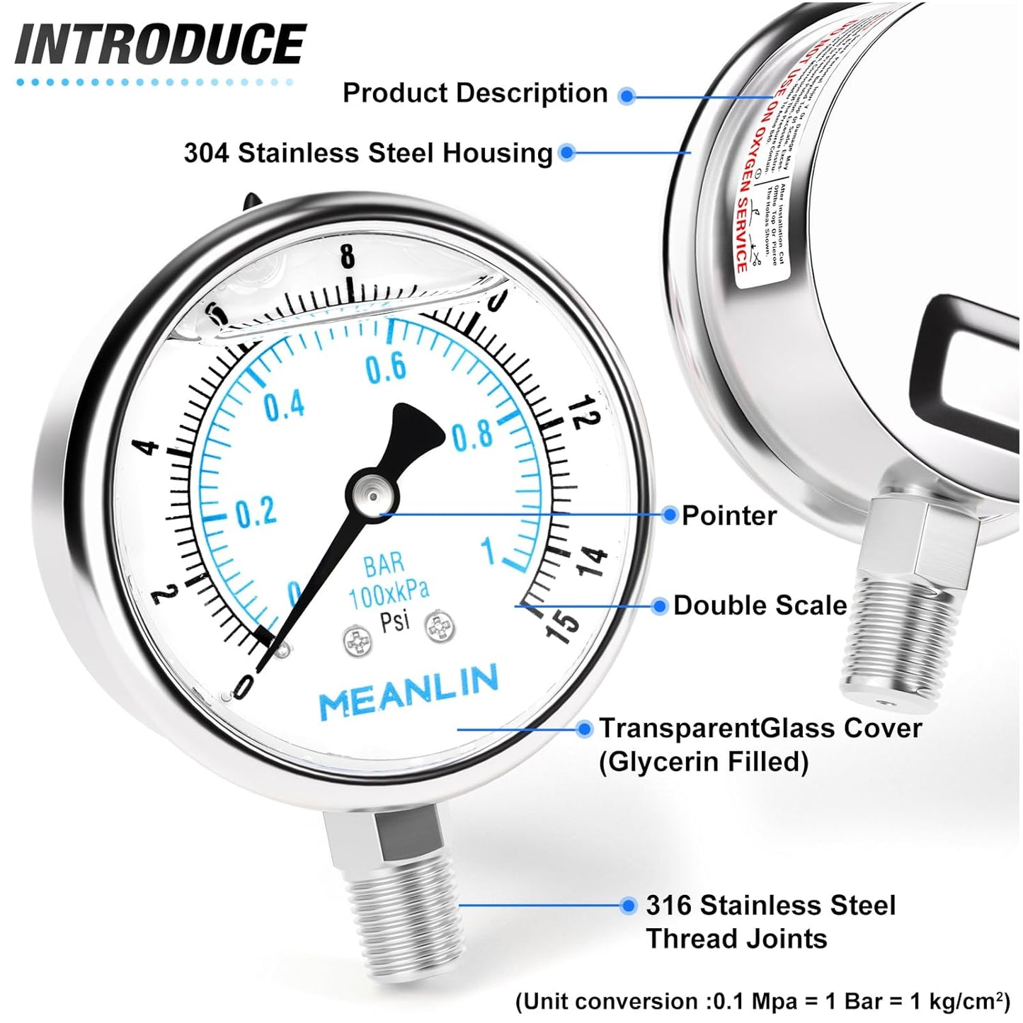 MEANLIN MEASURE 0~15Psi Liquid Filled Pressure Gauge Stainless Steel with 316 Stainless Steel Joint 1/4" NPT 2.5" FACE DIAL for Water Oil Air Well Pump Tank Tire Pressure Test Lower Mount