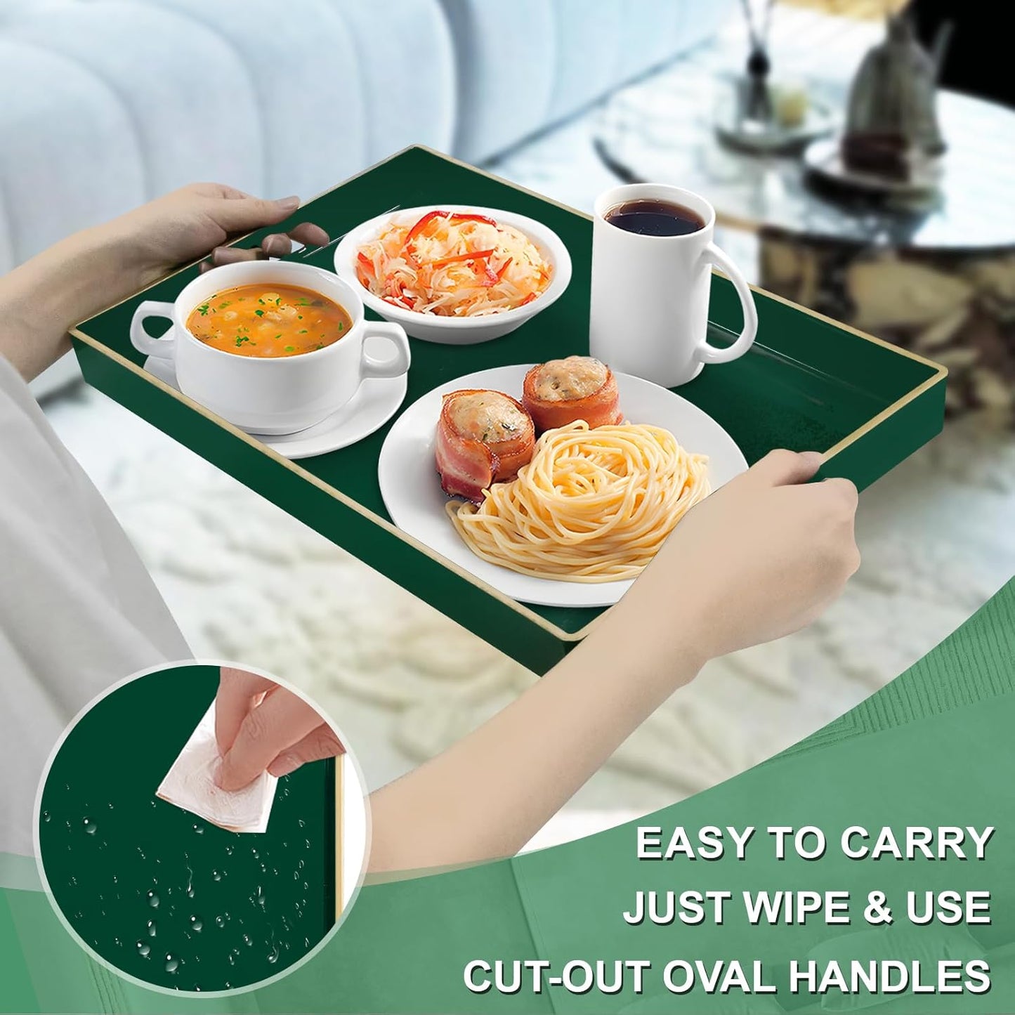 MAONAME Dark Green Decorative Tray, Serving Tray with Handles, Plastic Trays for Coffee Table, Rectangular Trays for Living Room, Bedroom, 15.8" X 10.2" X 1.4"