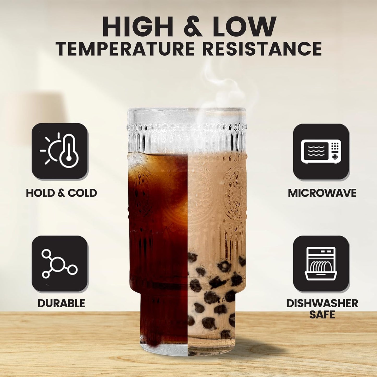 16oz Drinking Glasses Cups Set of 2 with Bamboo Lids Straws Brush Vintage Glassware Set for Mojito Iced Coffee Beer Cocktail Whiskey(Ribbed & Hobnail)